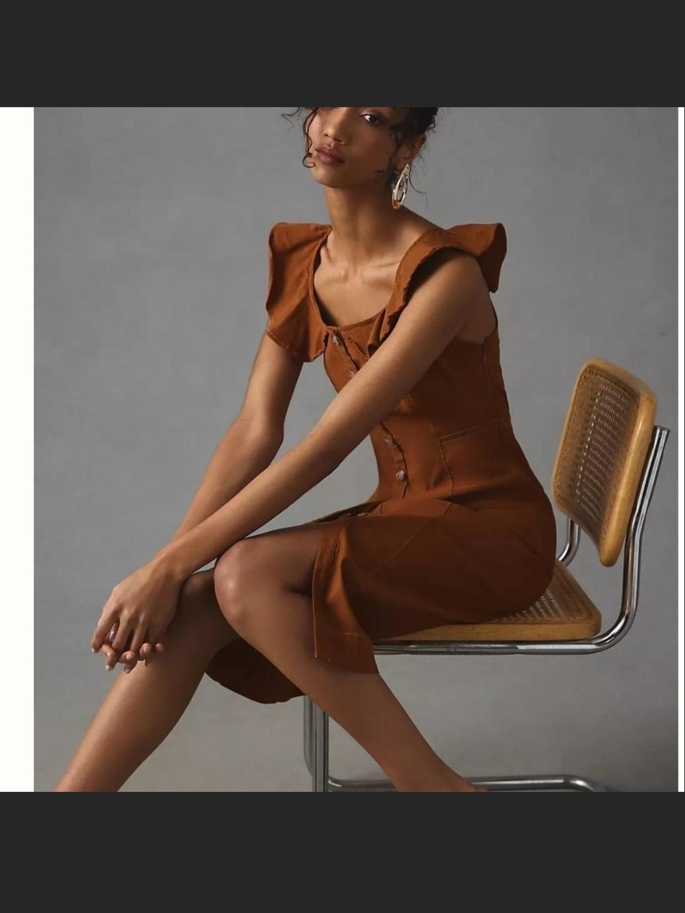 Anthropologie Rust-Brown Ruffle Sleeve Midi Dress